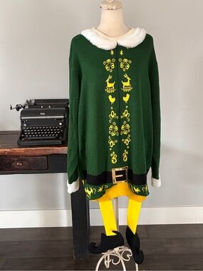 Buddy the Elf Costume Sweater w/ Faux Fur Trim & Curly Elf Shoes - Size Large/XL